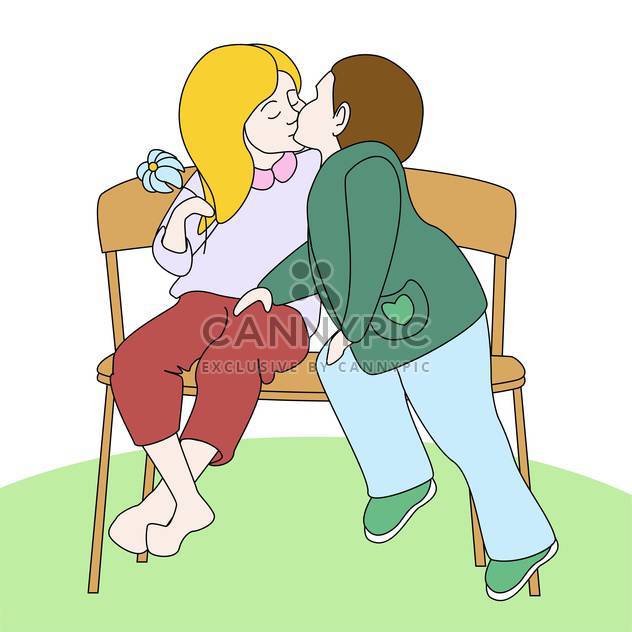 colorful illustration of cartoon boy and girl kissing on bench - vector gratuit #126270 