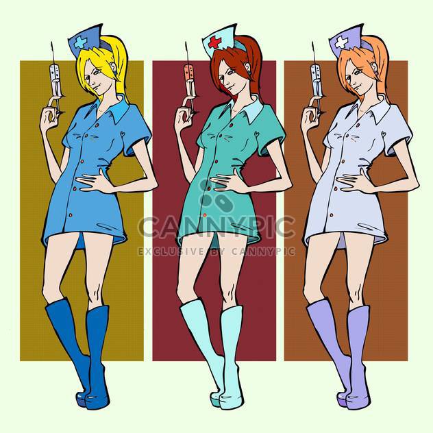 colorful illustration of nurses with syringes in hand - vector gratuit #126870 