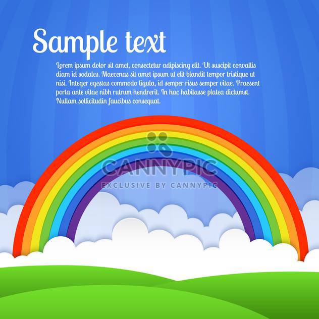 Vector colorful rainbow with clouds and green grass on blue background - vector gratuit #127440 
