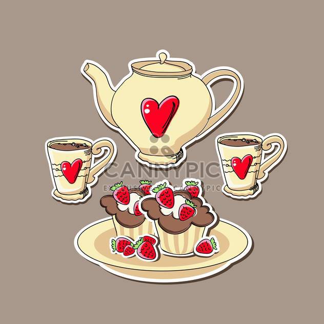 Vector background with cupcakes and teapots. - Free vector #128220