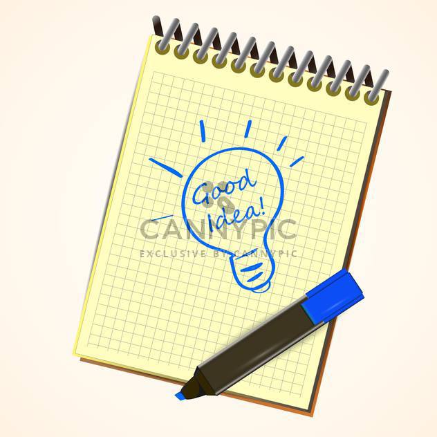 Vector notebook with marker pen drawing an idea symbol light bulb on a page of ruled notebook paper - vector #128760 gratis