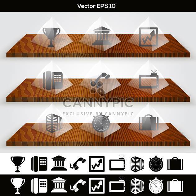 Vector set of business buttons on wooden shelves - Free vector #129920