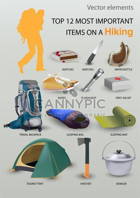 Top 12 most important items on a hiking - Free vector #131720