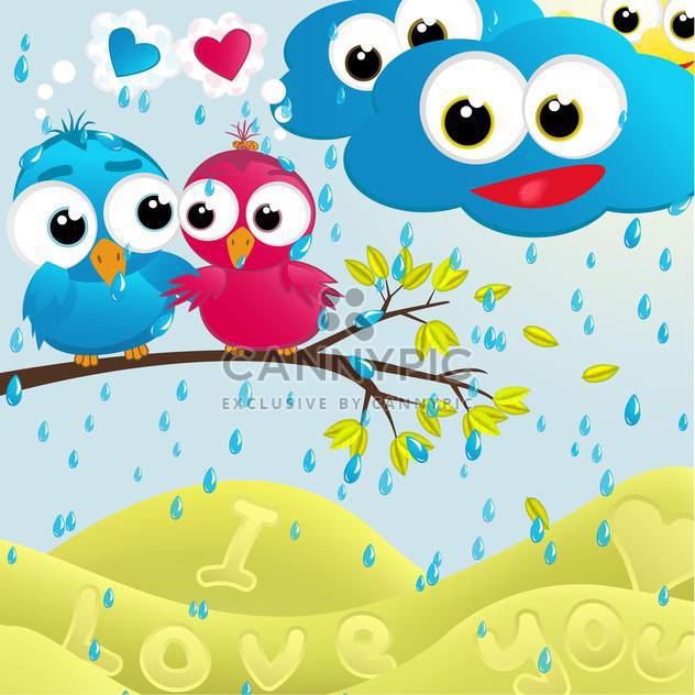 Vector illustration of lovely cartoon birds couple sitting on branch under rain - Kostenloses vector #126170