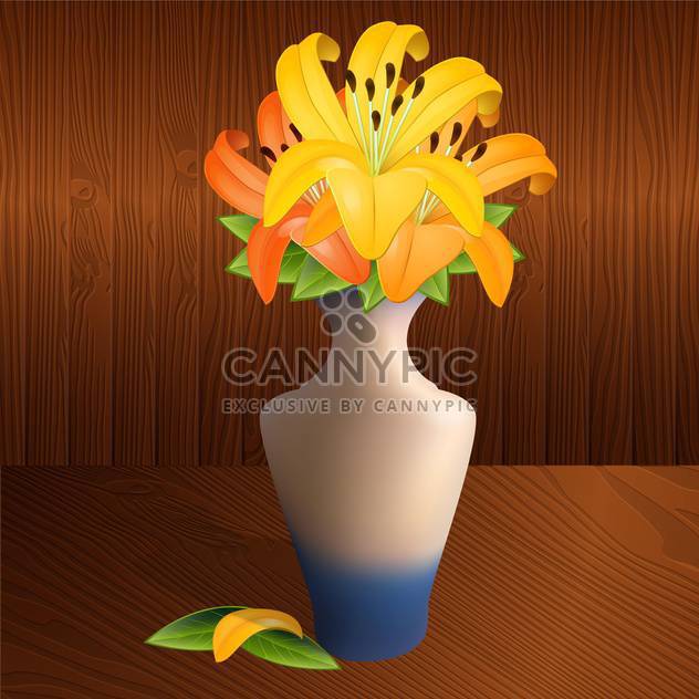 Vector illustration of vase with yellow lilies on brown background - vector gratuit #126550 