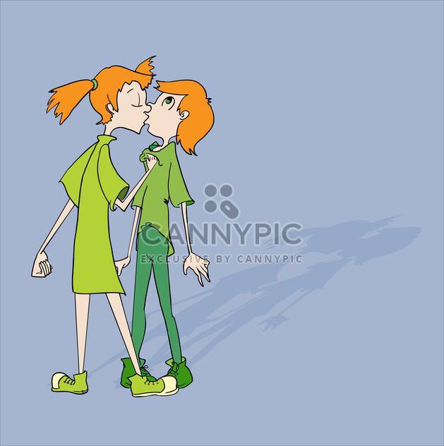 colorful illustration of two kids kissing each other on blue background - vector #126640 gratis