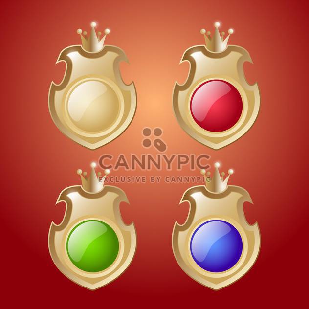 Vector set of shields with crowns buttons on red background - Free vector #129770