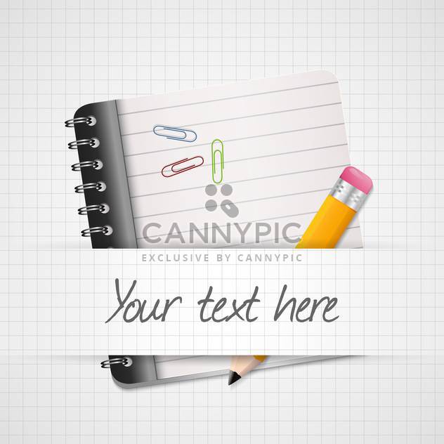 Vector illustration of yellow pencil and notepad with place for text on chequered background - Free vector #129890