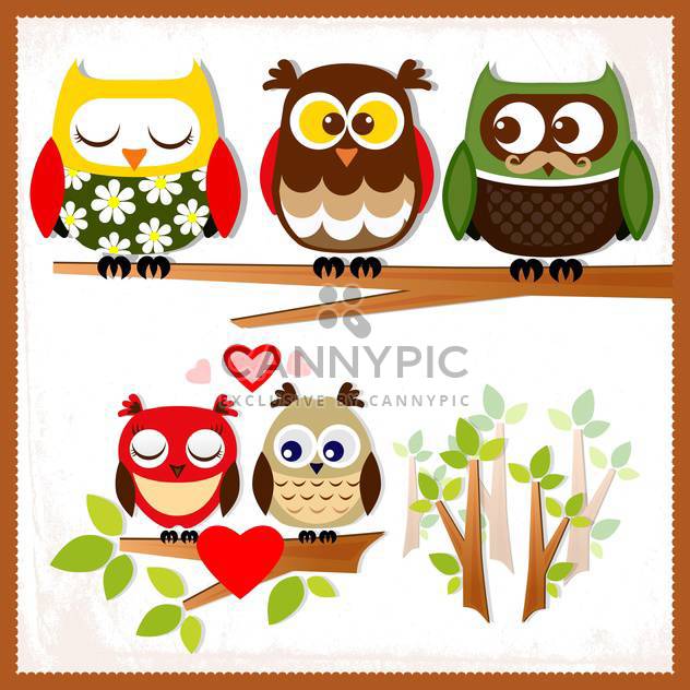 Set of five owls with various emotions on the branch,vector illustration - vector gratuit #132240 